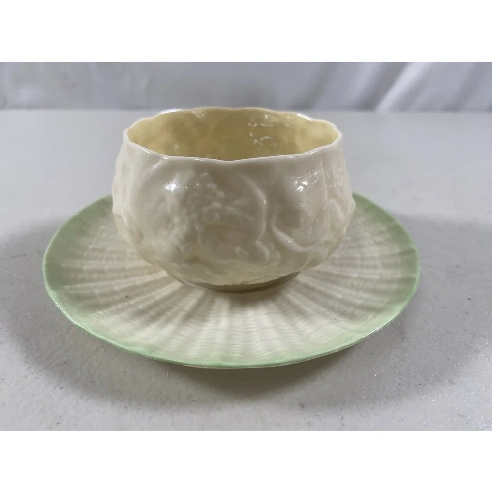 Antique Belleek Black Mark Green Porcelain Cup & Saucer #772